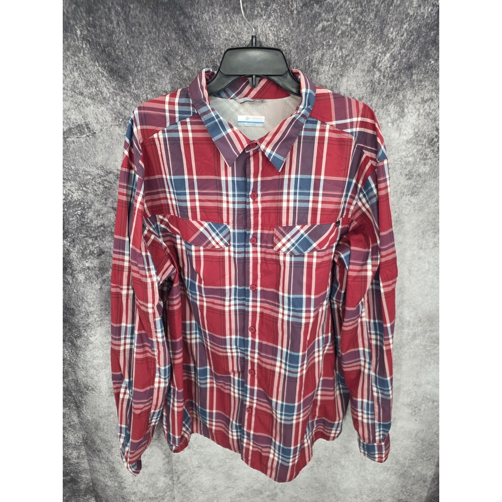 Columbia Shirt Mens 2X Red Plaid Button Up Vented Mesh Hiking Fishing Camping